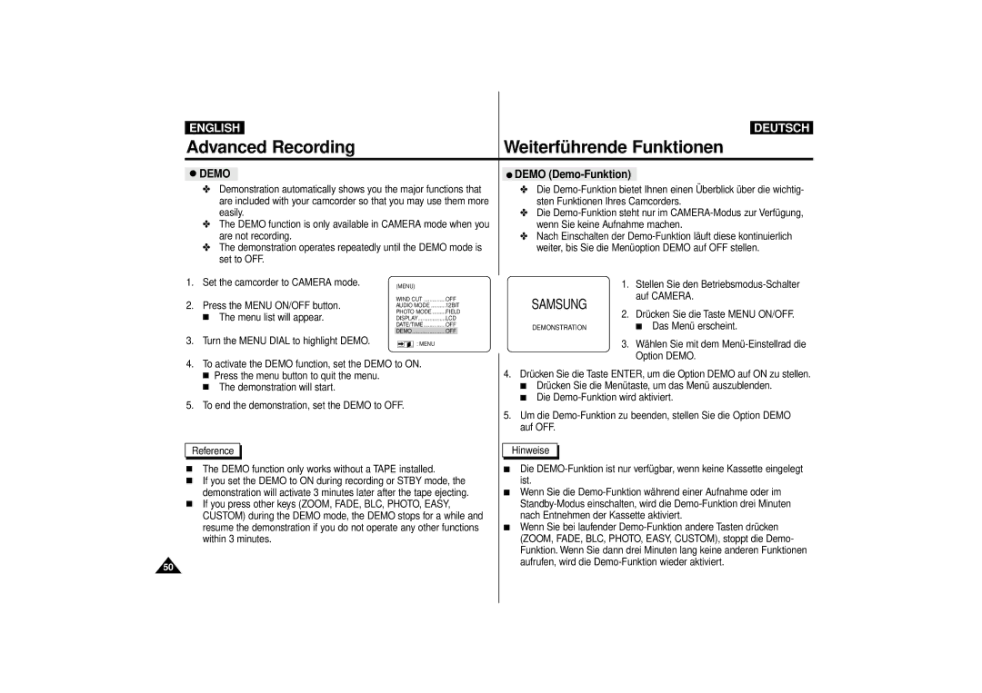 Samsung VP-D10i, VP-D11i, VP-D15i, VP-D10, VP-D11, VP-D15 manual Demo Demo-Funktion 