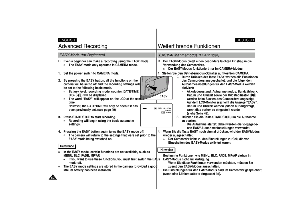 Samsung VP-D10, VP-D11, VP-D15 manual Easy Mode for Beginners EASY-Aufnahmemodus für Anfänger, Dis, Menu, Blc, Fade, Mf/Af 