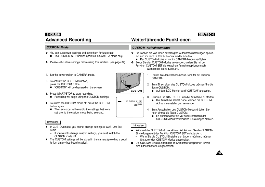 Samsung VP-D10i, VP-D11i, VP-D15i, VP-D10, VP-D11, VP-D15 manual Custom Mode CUSTOM-Aufnahmemodus 