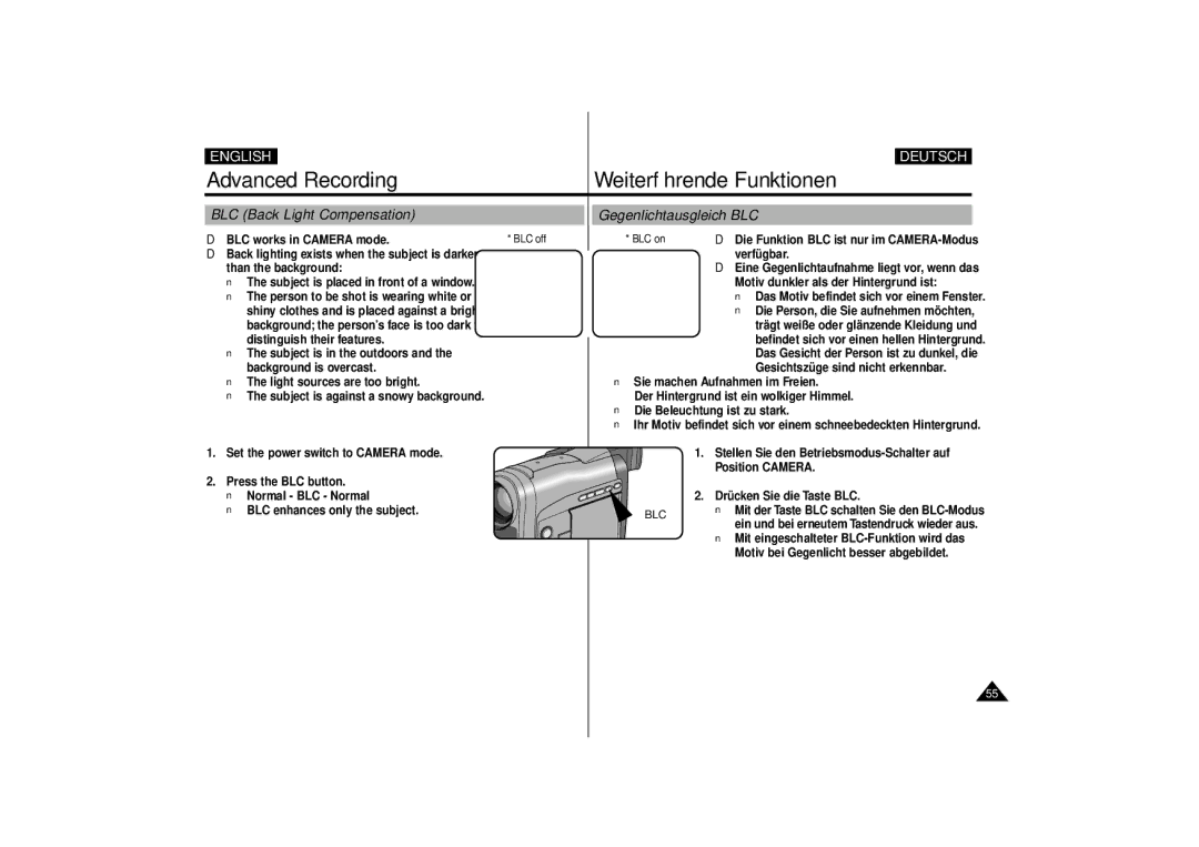 Samsung VP-D10i, VP-D11i, VP-D15i, VP-D10, VP-D11, VP-D15 manual BLC Back Light Compensation Gegenlichtausgleich BLC, Blc 