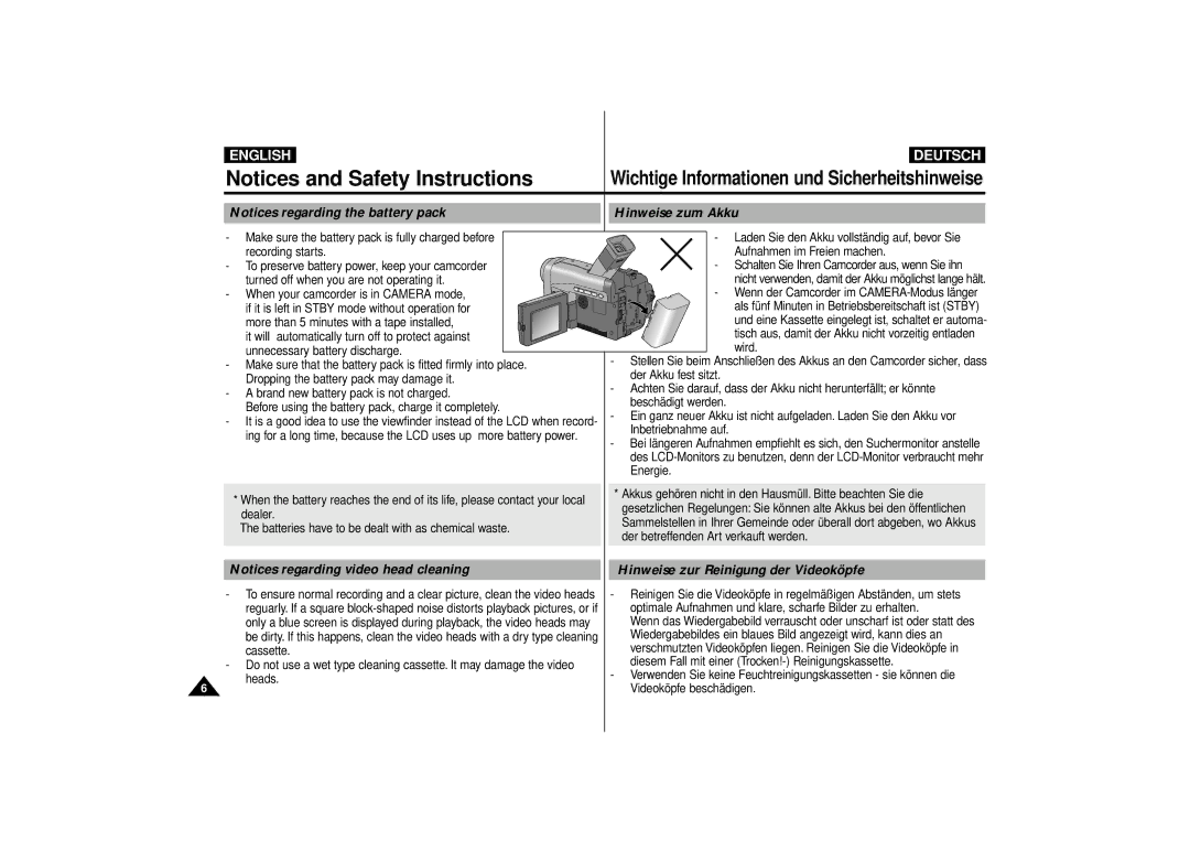 Samsung VP-D10, VP-D11, VP-D15 manual Wichtige Informationen und Sicherheitshinweise, Hinweise zur Reinigung der Videoköpfe 