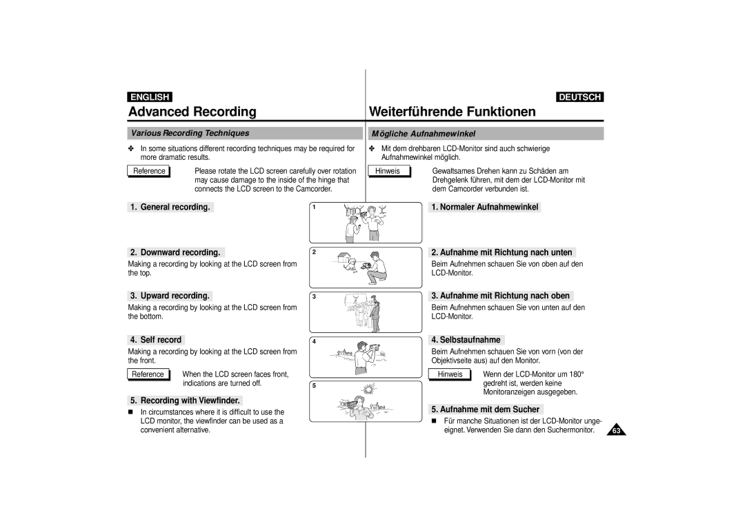 Samsung VP-D10i, VP-D11i, VP-D15i, VP-D10, VP-D11, VP-D15 manual Various Recording Techniques Mögliche Aufnahmewinkel 