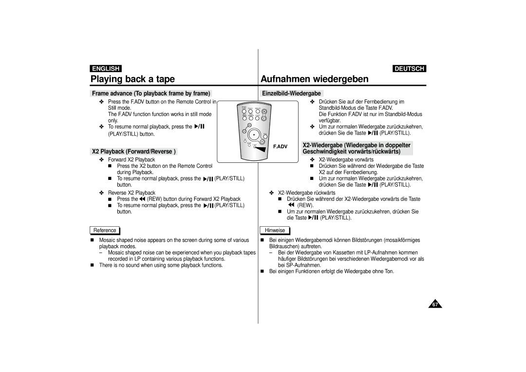 Samsung VP-D10i, VP-D11i, VP-D15i, VP-D10, VP-D11, VP-D15 manual Play/Still, Adv 