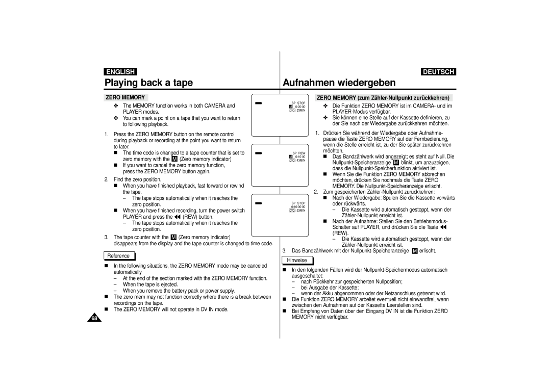 Samsung VP-D10, VP-D11, VP-D15 manual Zero Memory zum Zähler-Nullpunkt zurückkehren 