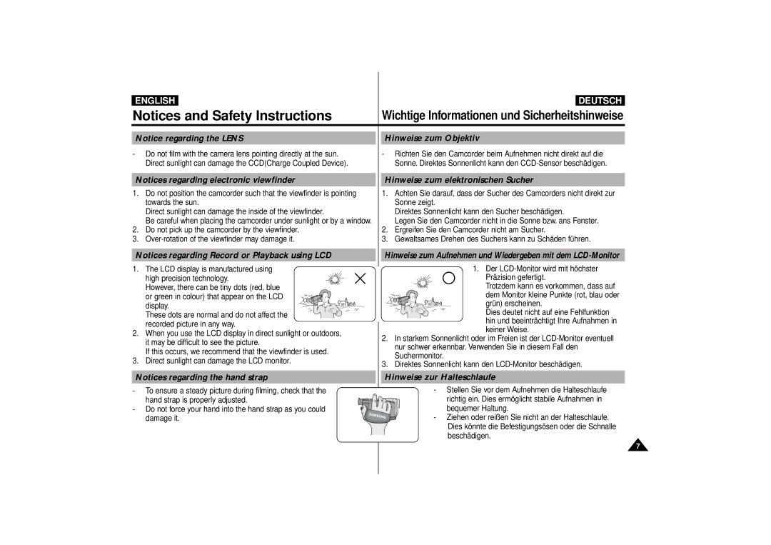 Samsung VP-D10i, VP-D11i, VP-D15i, VP-D10, VP-D11, VP-D15 manual Hinweise zum Objektiv, Hinweise zum elektronischen Sucher 