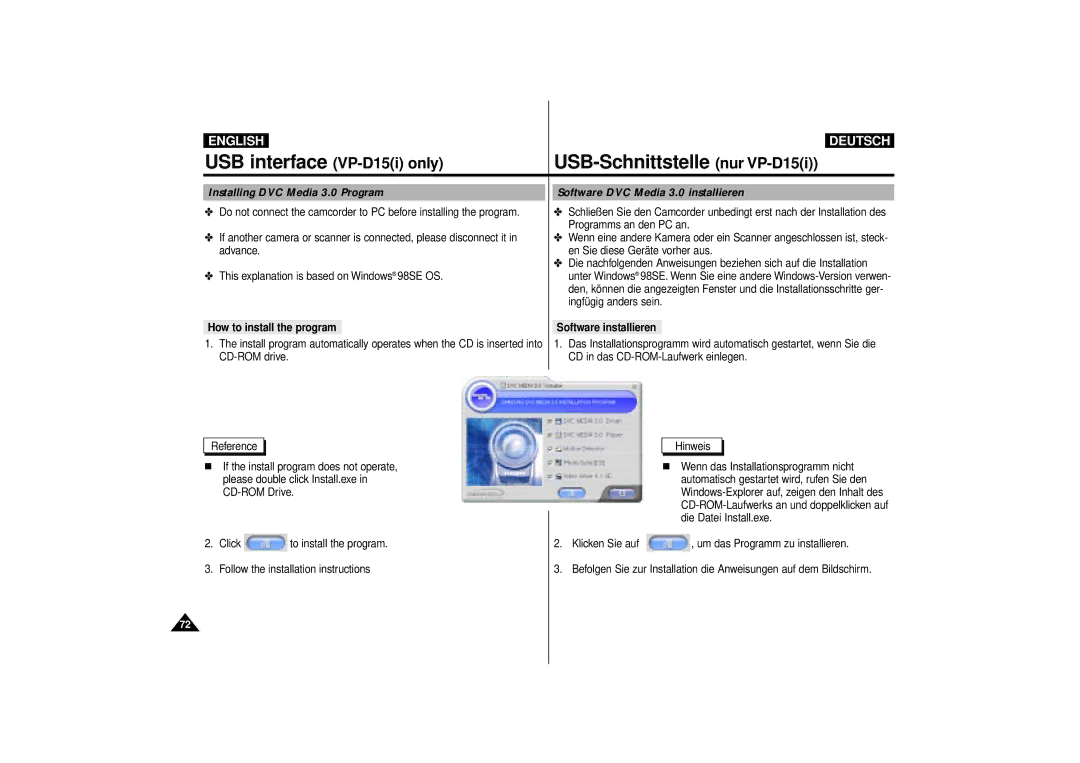 Samsung VP-D10, VP-D11, VP-D15 manual How to install the program Software installieren 