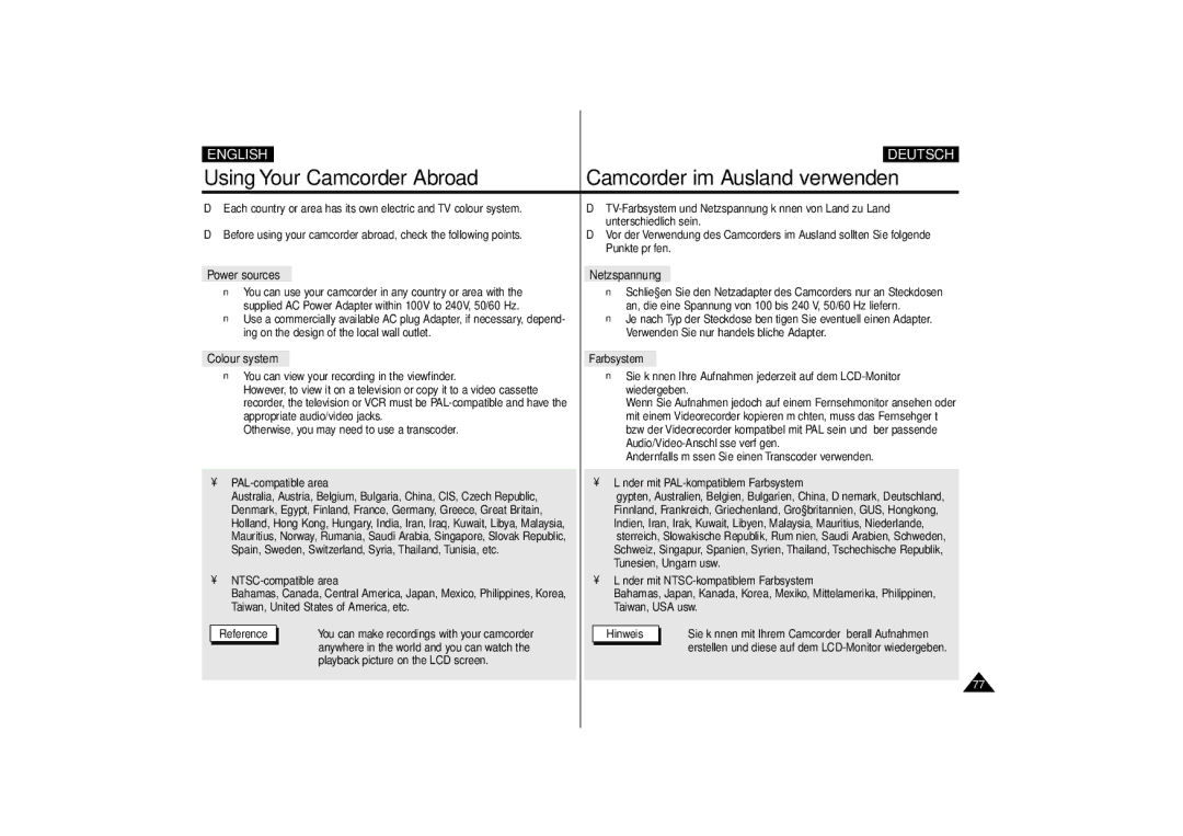 Samsung VP-D10i, VP-D11i, VP-D15i, VP-D10, VP-D11, VP-D15 manual Using Your Camcorder Abroad Camcorder im Ausland verwenden 