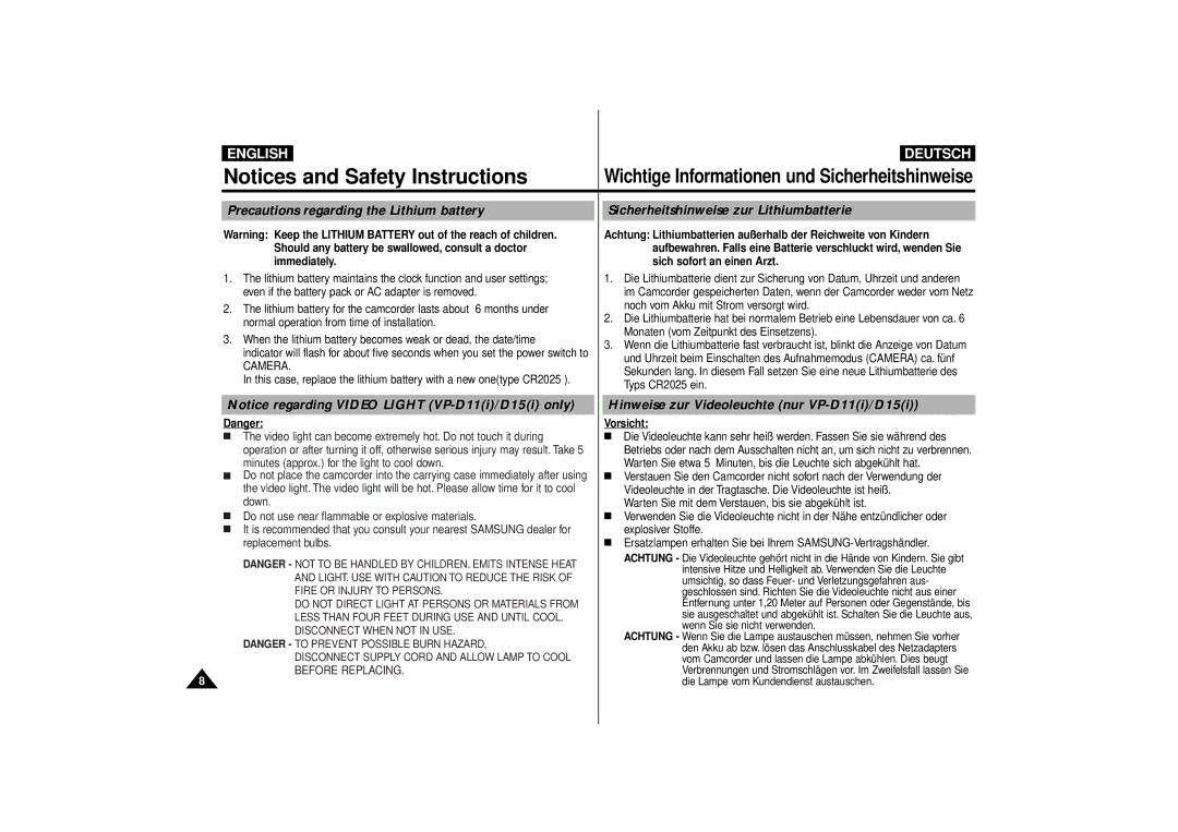 Samsung VP-D10, VP-D11, VP-D15 Hinweise zur Videoleuchte nur VP-D11i/D15i, Immediately Sich sofort an einen Arzt, Vorsicht 