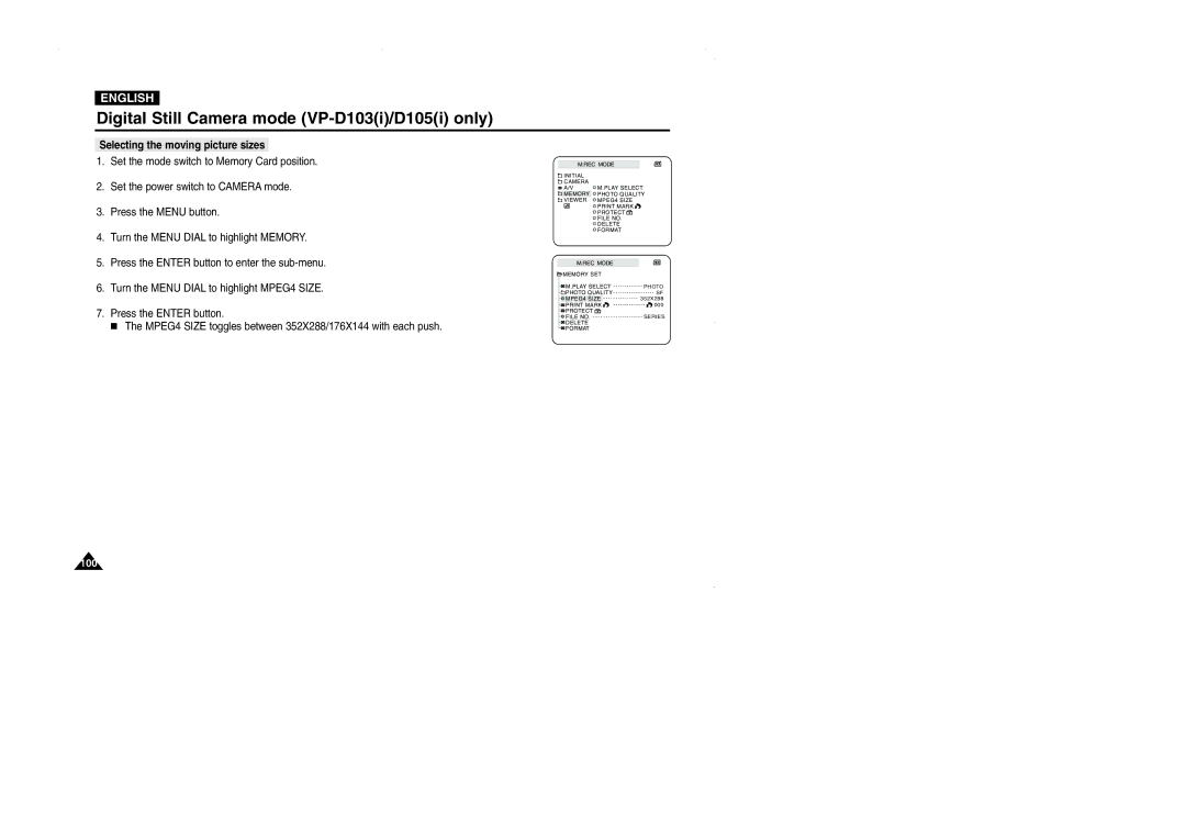 Samsung VP-D101, D105, D102D, D103 manual Selecting the moving picture sizes 