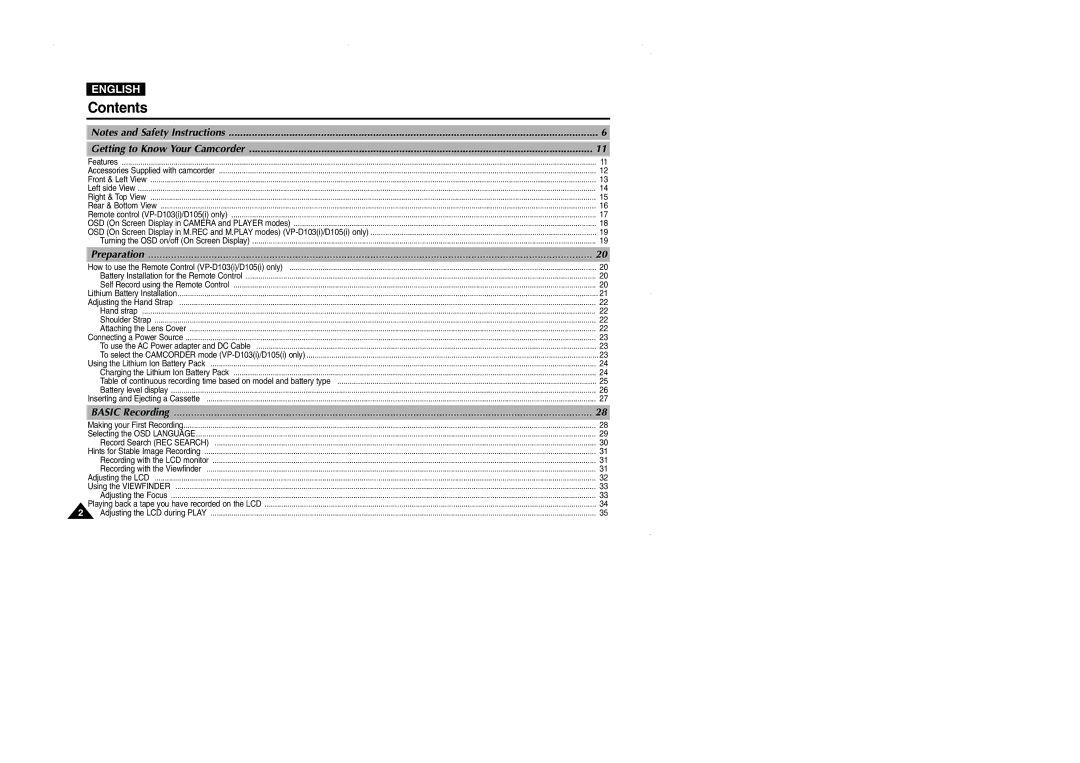 Samsung D102D, VP-D101, D105, D103 manual Contents 