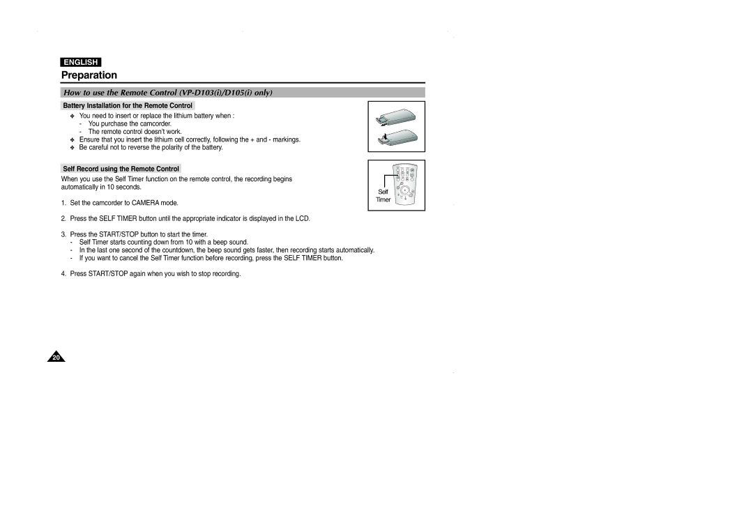 Samsung VP-D101 manual Preparation, How to use the Remote Control VP-D103i/D105i only, Self Record using the Remote Control 