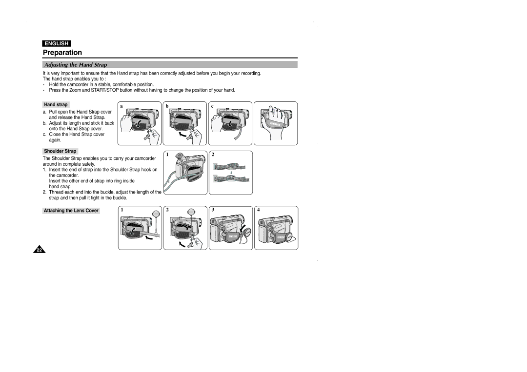 Samsung D102D, VP-D101, D105, D103 manual Adjusting the Hand Strap, Hand strap, Attaching the Lens Cover 