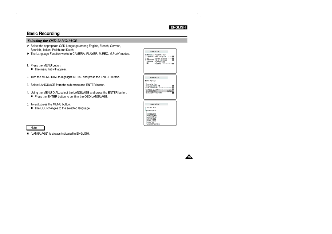 Samsung D105, VP-D101, D102D, D103 manual Selecting the OSD Language 