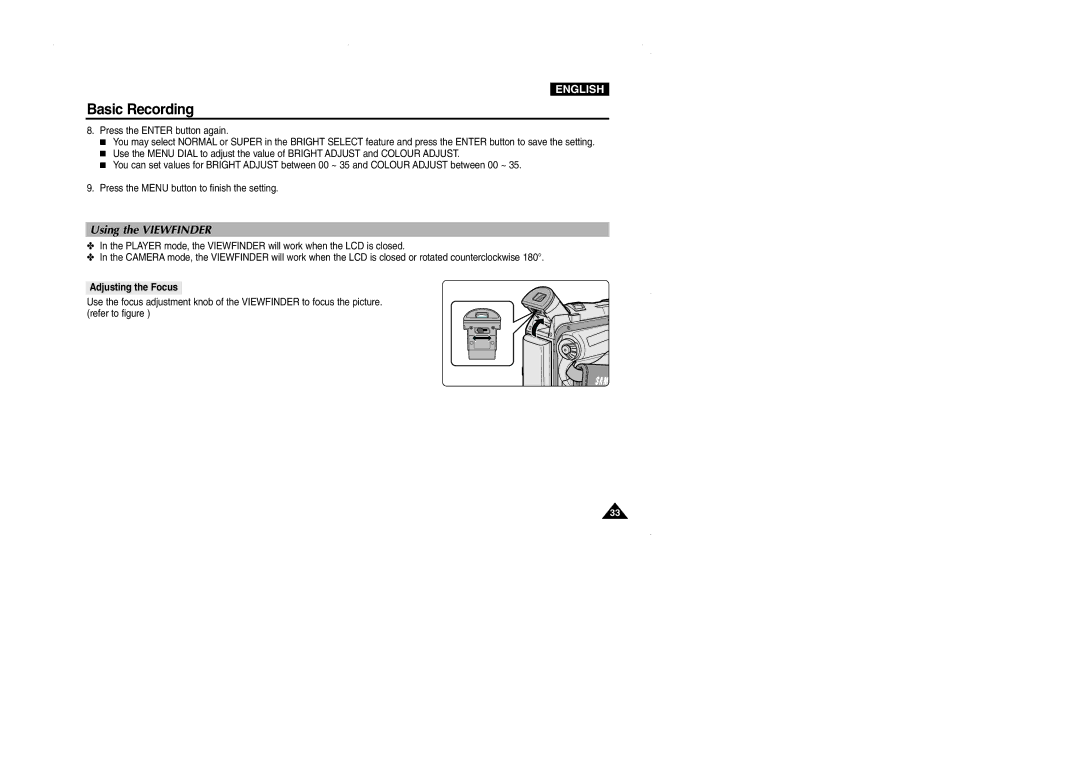 Samsung D105, VP-D101, D102D, D103 manual Using the Viewfinder, Adjusting the Focus 