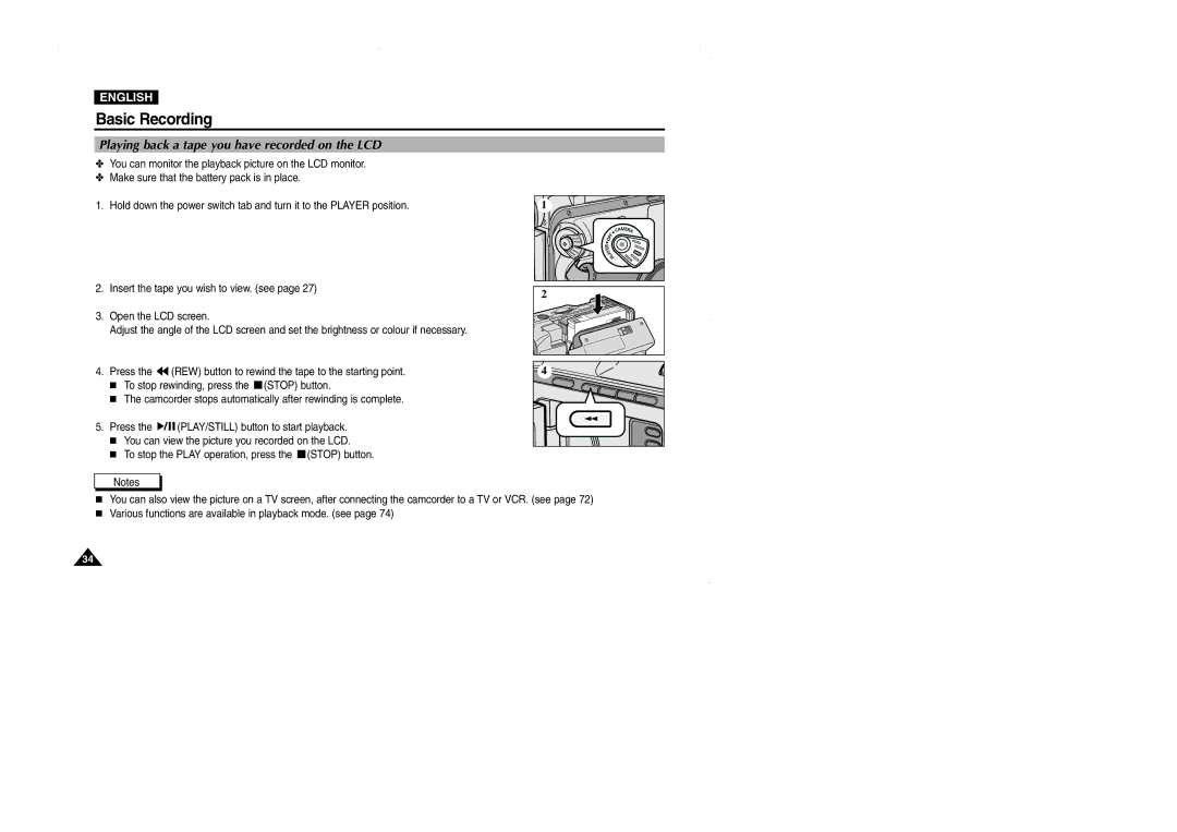 Samsung D102D, VP-D101, D105, D103 manual Playing back a tape you have recorded on the LCD 