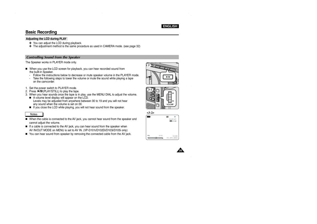 Samsung D103, VP-D101, D105, D102D manual Controlling Sound from the Speaker, Adjusting the LCD during Play 