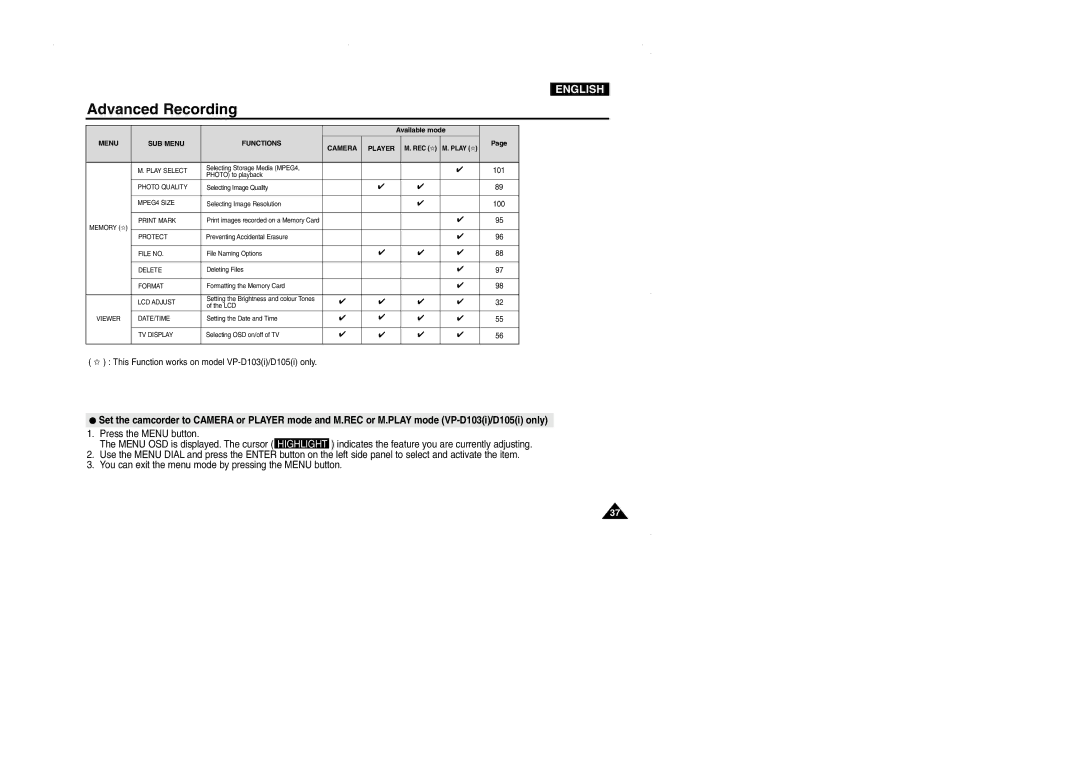 Samsung VP-D101, D102D manual This Function works on model VP-D103i/D105i only 