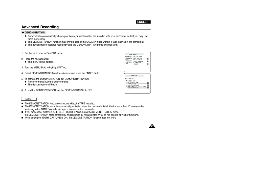 Samsung D103, VP-D101, D105, D102D manual Demonstration 