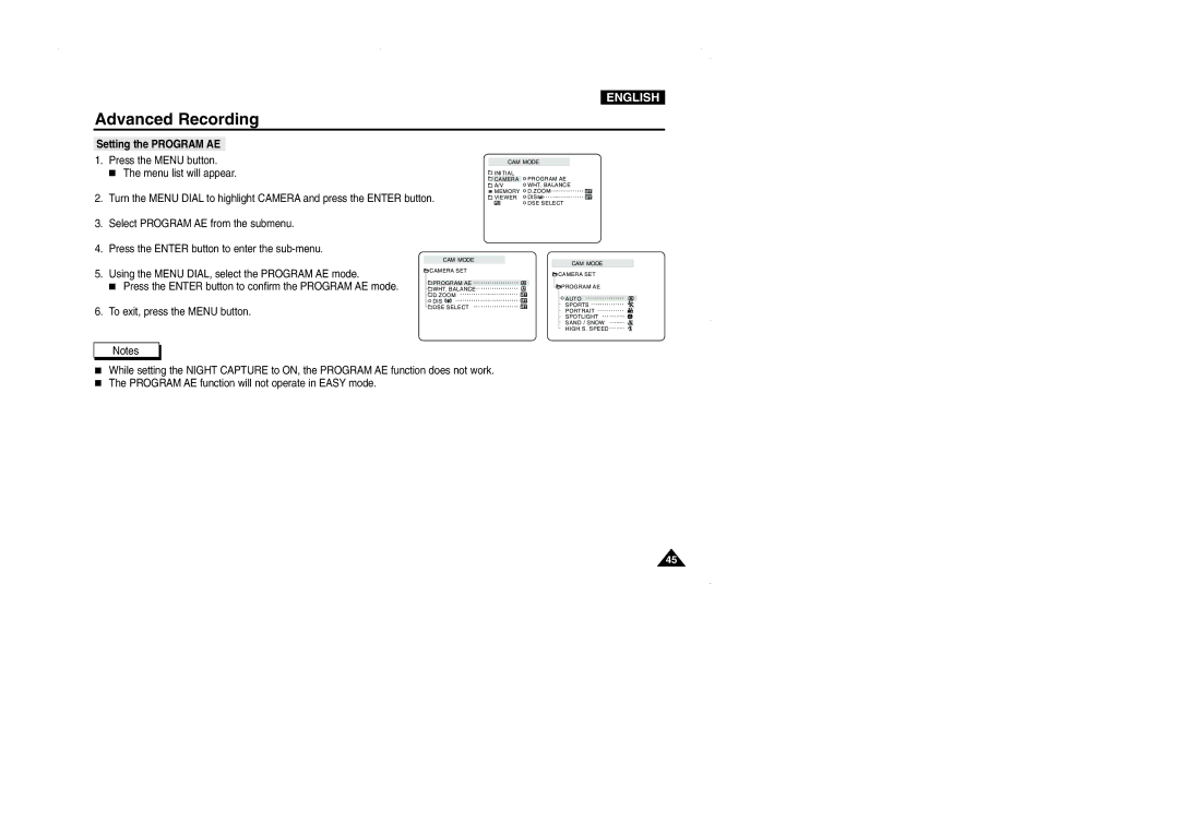 Samsung D105, VP-D101, D102D, D103 manual Setting the Program AE 