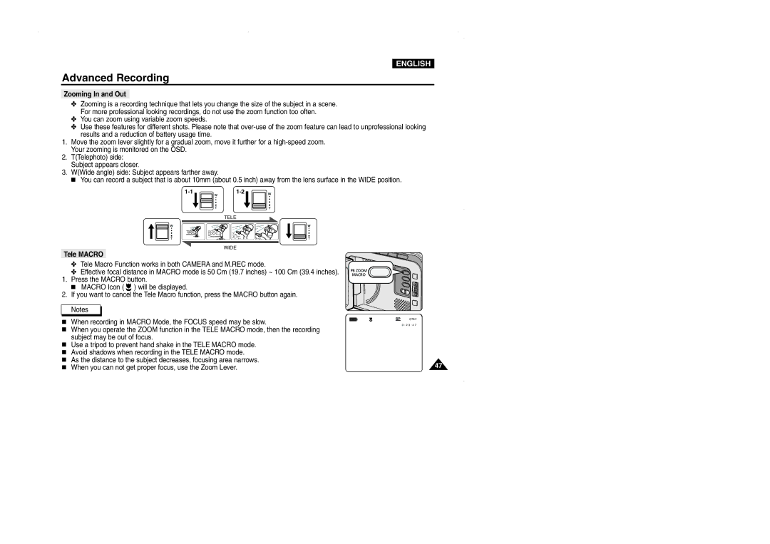 Samsung D103, VP-D101, D105, D102D manual Zooming In and Out, Tele Macro 