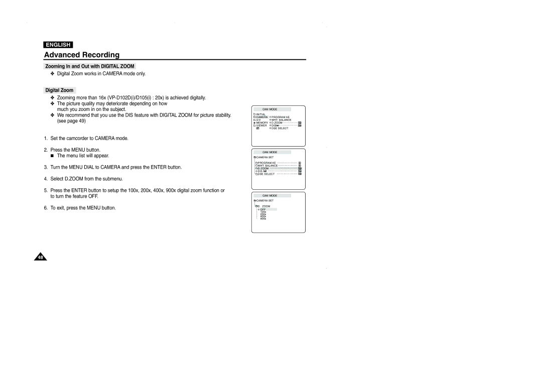 Samsung VP-D101, D105, D102D, D103 manual Zooming In and Out with Digital Zoom 