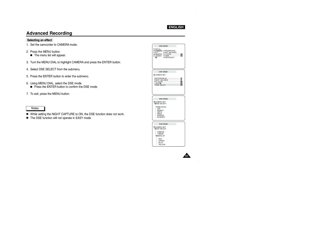 Samsung D103, VP-D101, D105, D102D manual Selecting an effect 