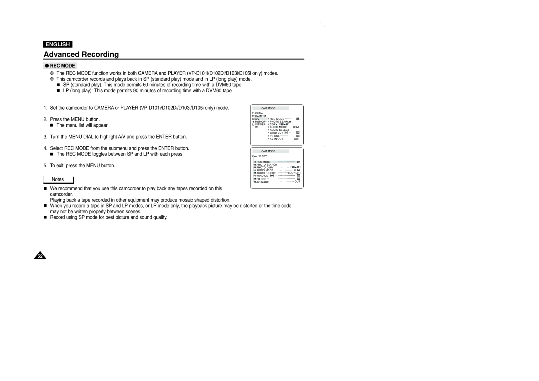Samsung VP-D101, D105, D102D, D103 manual REC Mode 