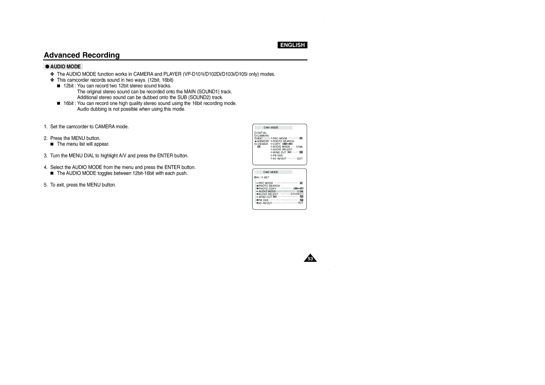 Samsung D105, VP-D101, D102D, D103 manual Audio Mode 