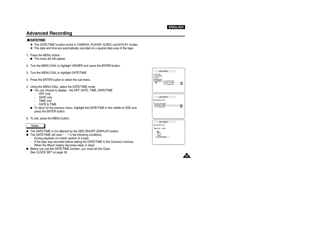 Samsung D103, VP-D101, D105, D102D manual Date/Time, Date & Time 