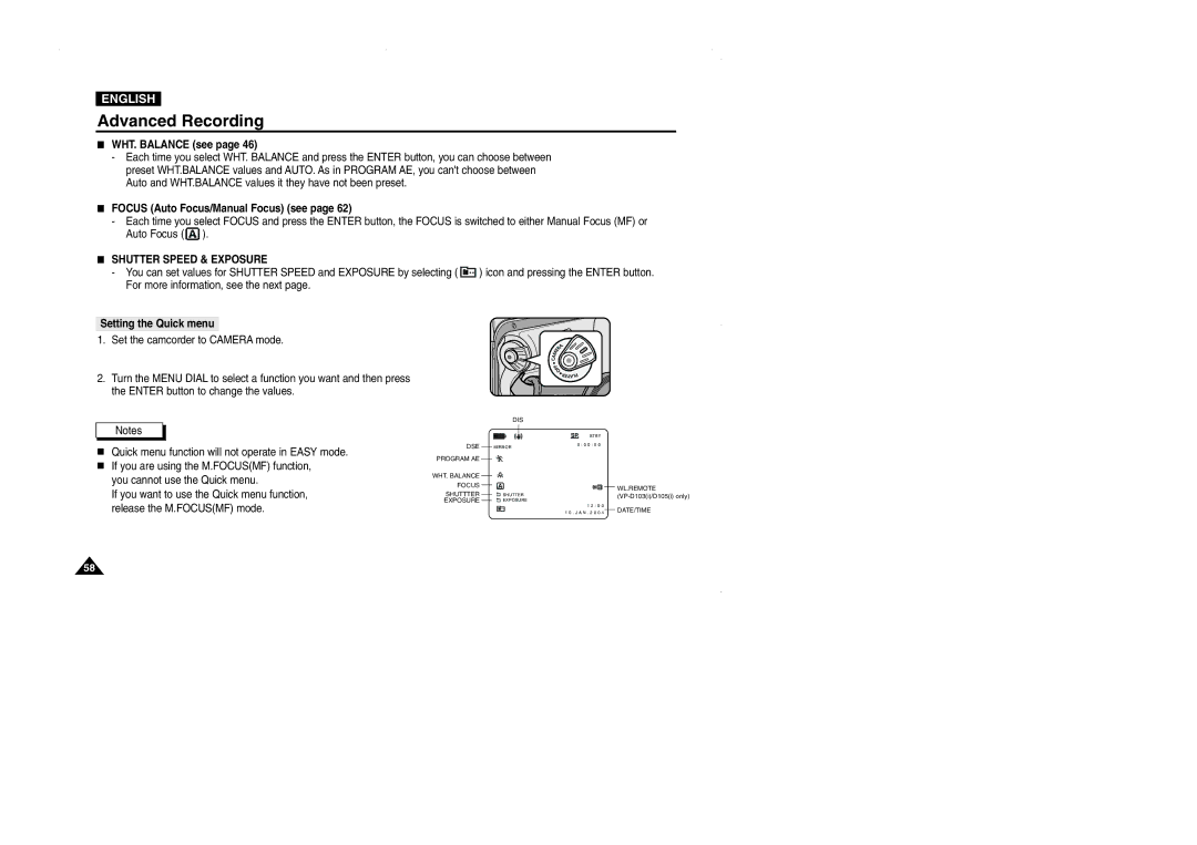 Samsung D102D, D105 WHT. Balance see, Focus Auto Focus/Manual Focus see, Shutter Speed & Exposure, Setting the Quick menu 