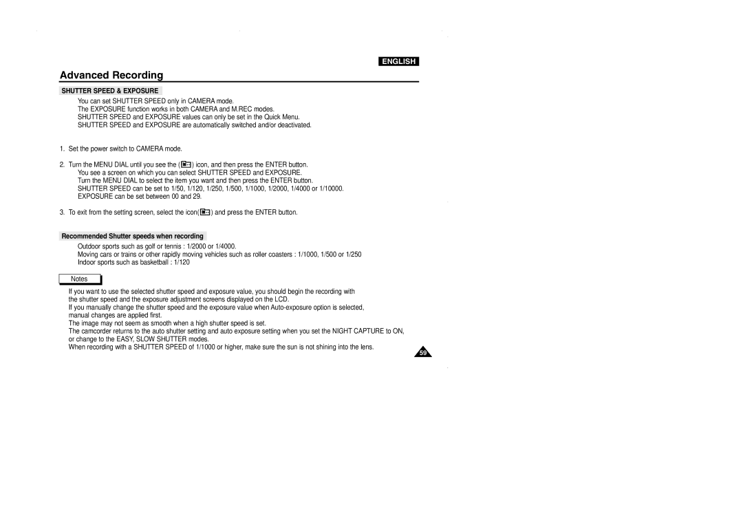 Samsung D103, VP-D101, D105, D102D manual Recommended Shutter speeds when recording 