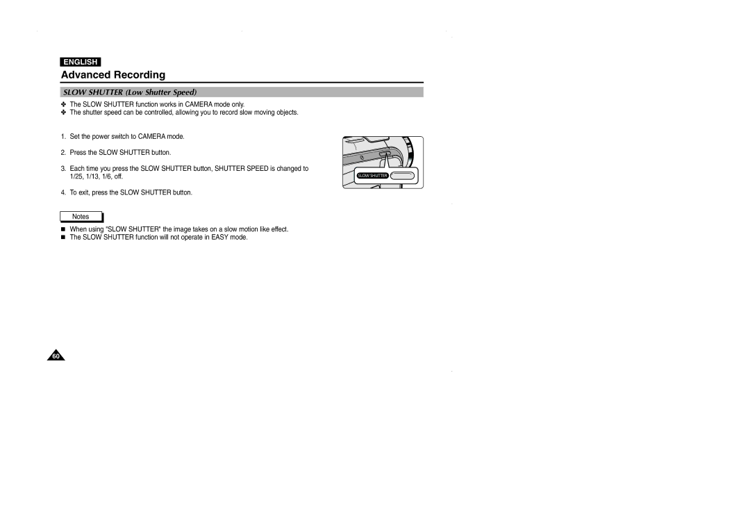 Samsung VP-D101, D105, D102D, D103 manual Slow Shutter Low Shutter Speed 