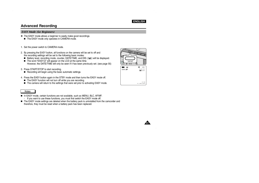 Samsung D105, VP-D101, D102D, D103 manual Easy Mode for Beginners 