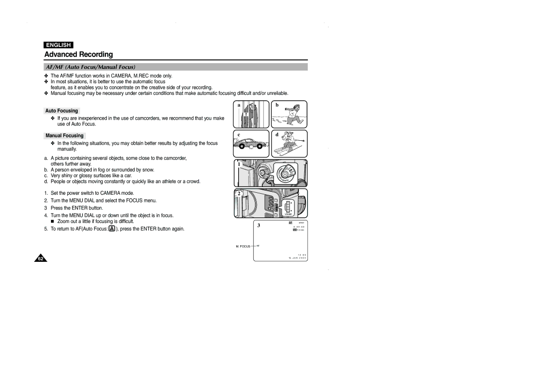 Samsung D102D, VP-D101, D105, D103 manual AF/MF Auto Focus/Manual Focus, Auto Focusing, Manual Focusing 