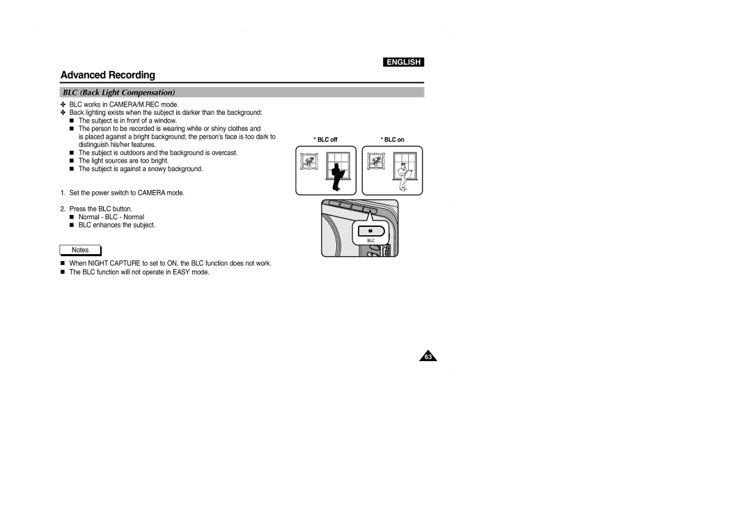 Samsung D103, VP-D101, D105, D102D manual BLC Back Light Compensation 