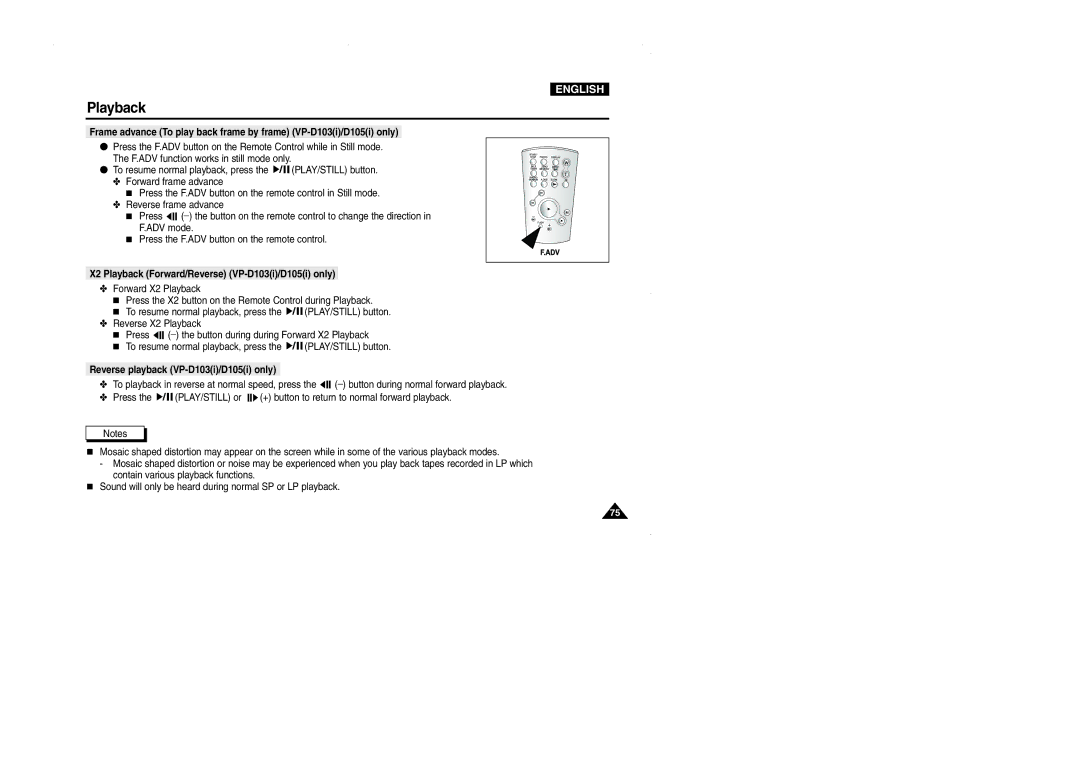 Samsung VP-D101, D102D manual X2 Playback Forward/Reverse VP-D103i/D105i only, Reverse playback VP-D103i/D105i only 