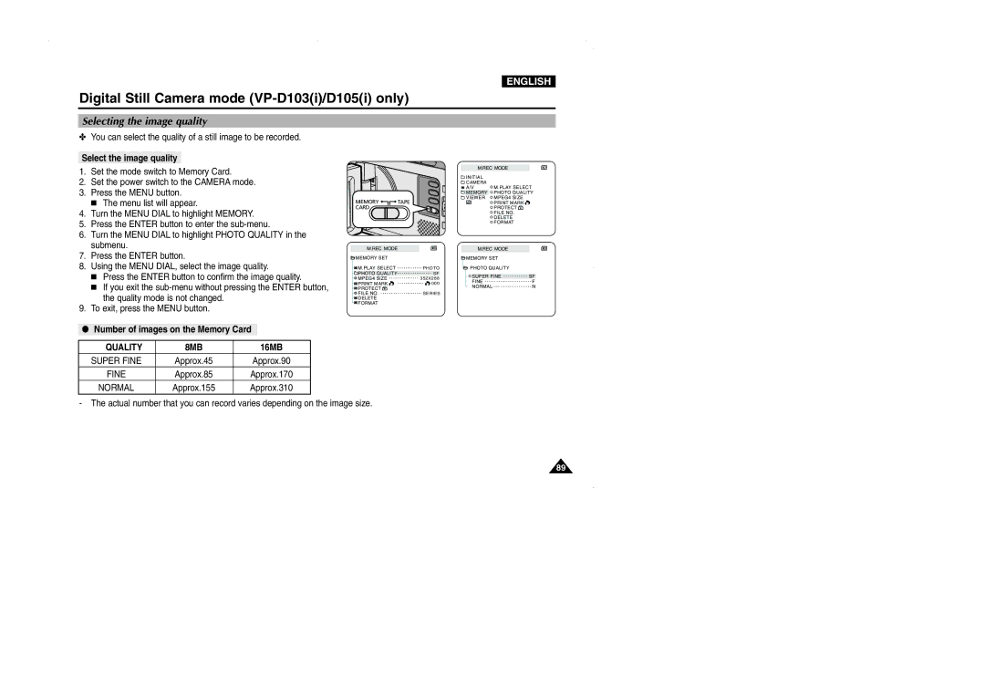 Samsung D105, VP-D101 Selecting the image quality, Select the image quality, Number of images on the Memory Card, Quality 