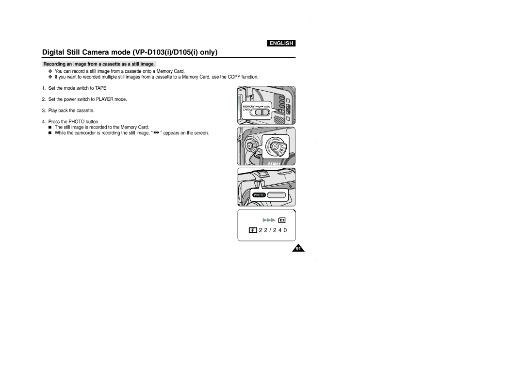 Samsung D103, VP-D101, D105, D102D manual Recording an image from a cassette as a still image 