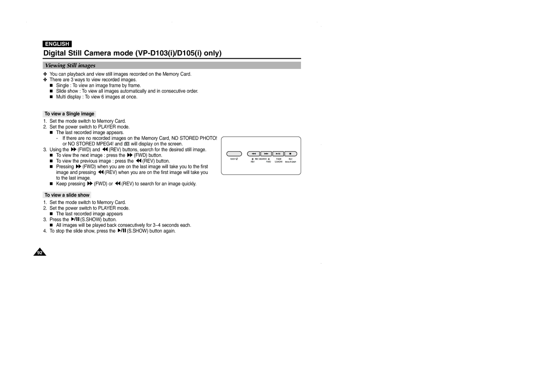 Samsung VP-D101, D105, D102D, D103 manual Viewing Still images, To view a Single image, To view a slide show 