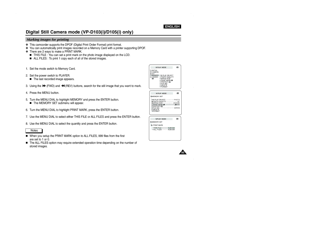 Samsung D103, VP-D101, D105, D102D manual Marking images for printing 