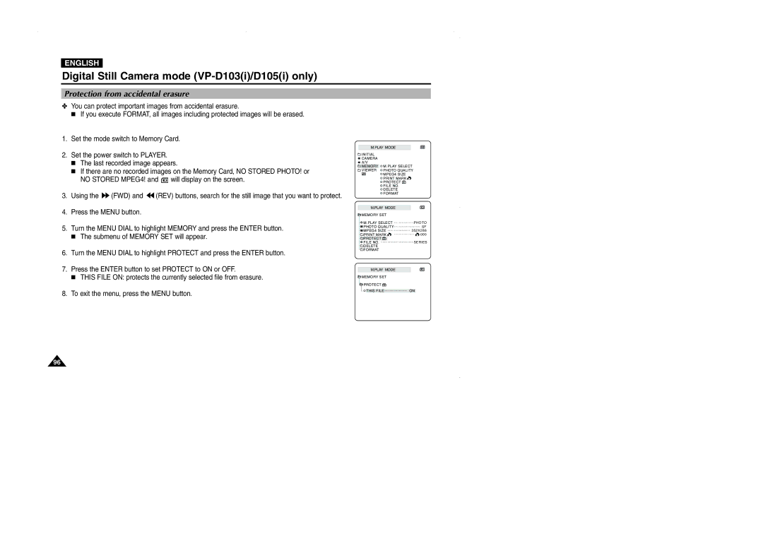 Samsung VP-D101, D105, D102D, D103 manual Protection from accidental erasure 