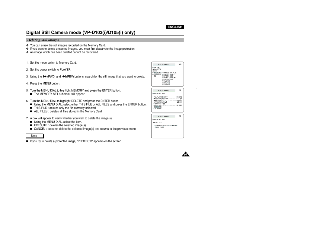 Samsung D105, VP-D101, D102D, D103 manual Deleting Still images 