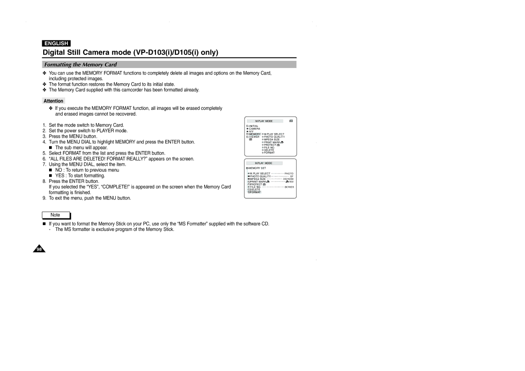 Samsung D102D, VP-D101, D105, D103 manual Formatting the Memory Card 