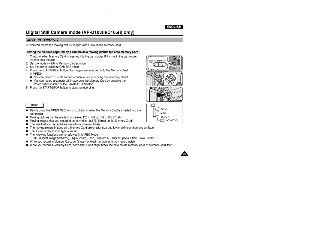 Samsung D103, VP-D101, D105, D102D manual Mpeg Recording 