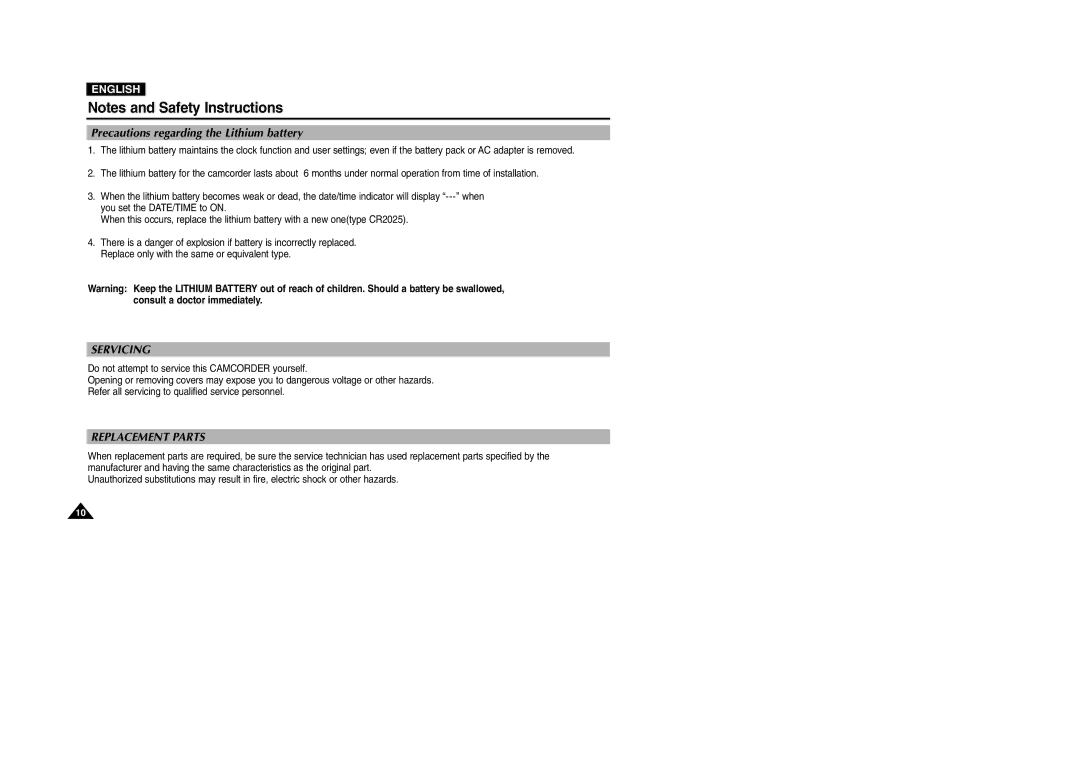 Samsung D105(i), VP-D101(i), D103(i), D102D(i) manual Precautions regarding the Lithium battery, Servicing 