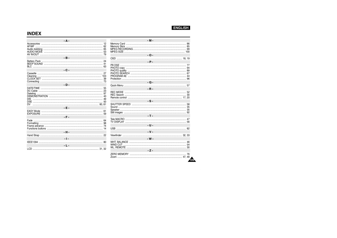 Samsung D103(i), VP-D101(i), D105(i), D102D(i) manual Index 