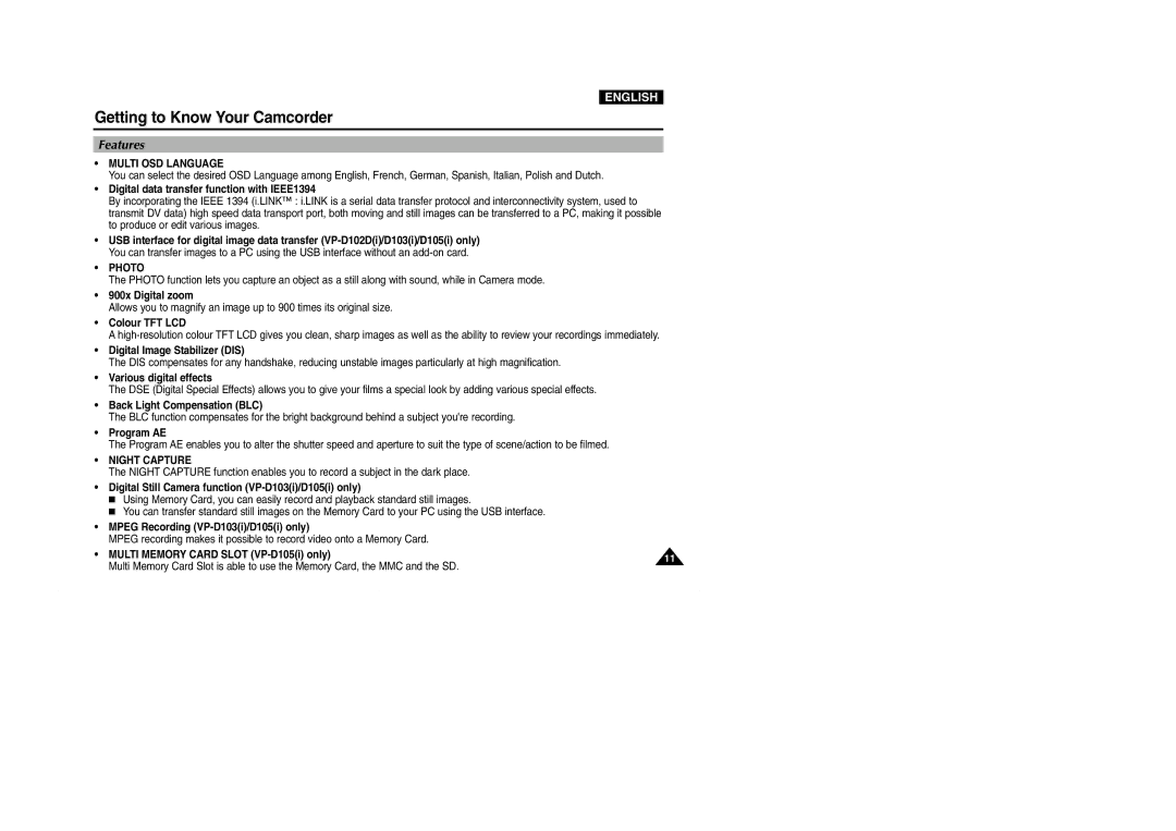Samsung D102D(i), VP-D101(i), D103(i), D105(i) manual Features, Multi OSD Language, Photo, Night Capture 