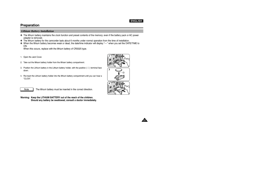 Samsung D103(i), VP-D101(i), D105(i), D102D(i) manual Lithium Battery Installation 