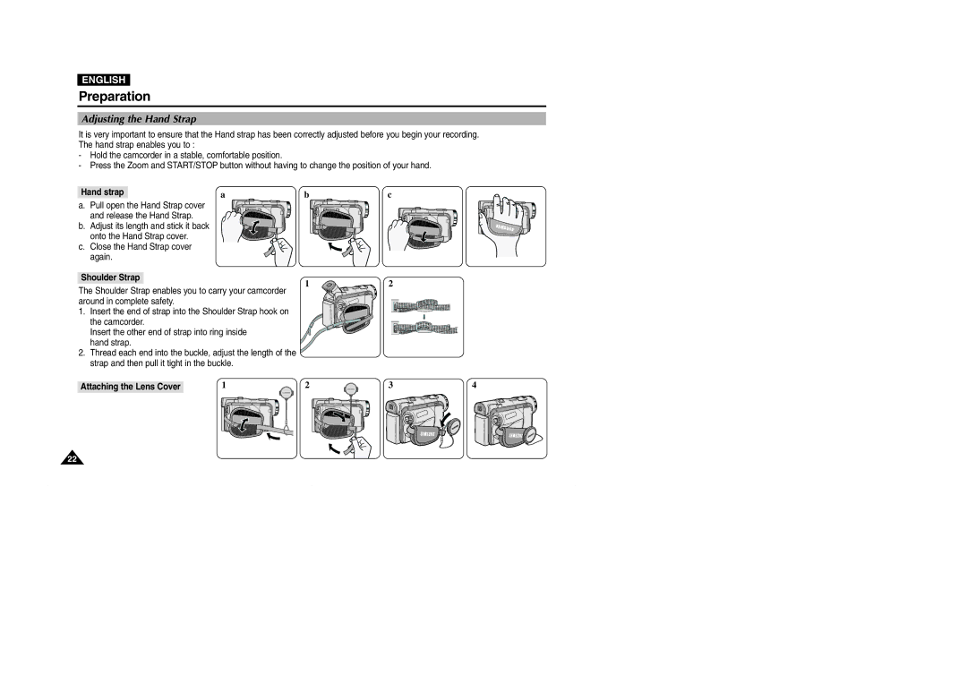 Samsung D105(i), VP-D101(i), D103(i), D102D(i) manual Adjusting the Hand Strap, Hand strap, Attaching the Lens Cover 