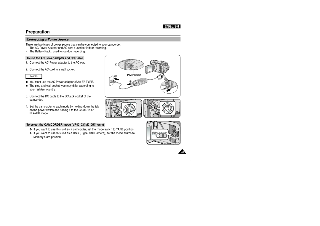 Samsung D102D(i), VP-D101(i), D103(i), D105(i) manual Connecting a Power Source, To use the AC Power adapter and DC Cable 